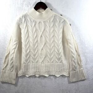 Marc New York Womens Ivory Cable Knit Mock Neck Sweater Rhinestone Shoulder M